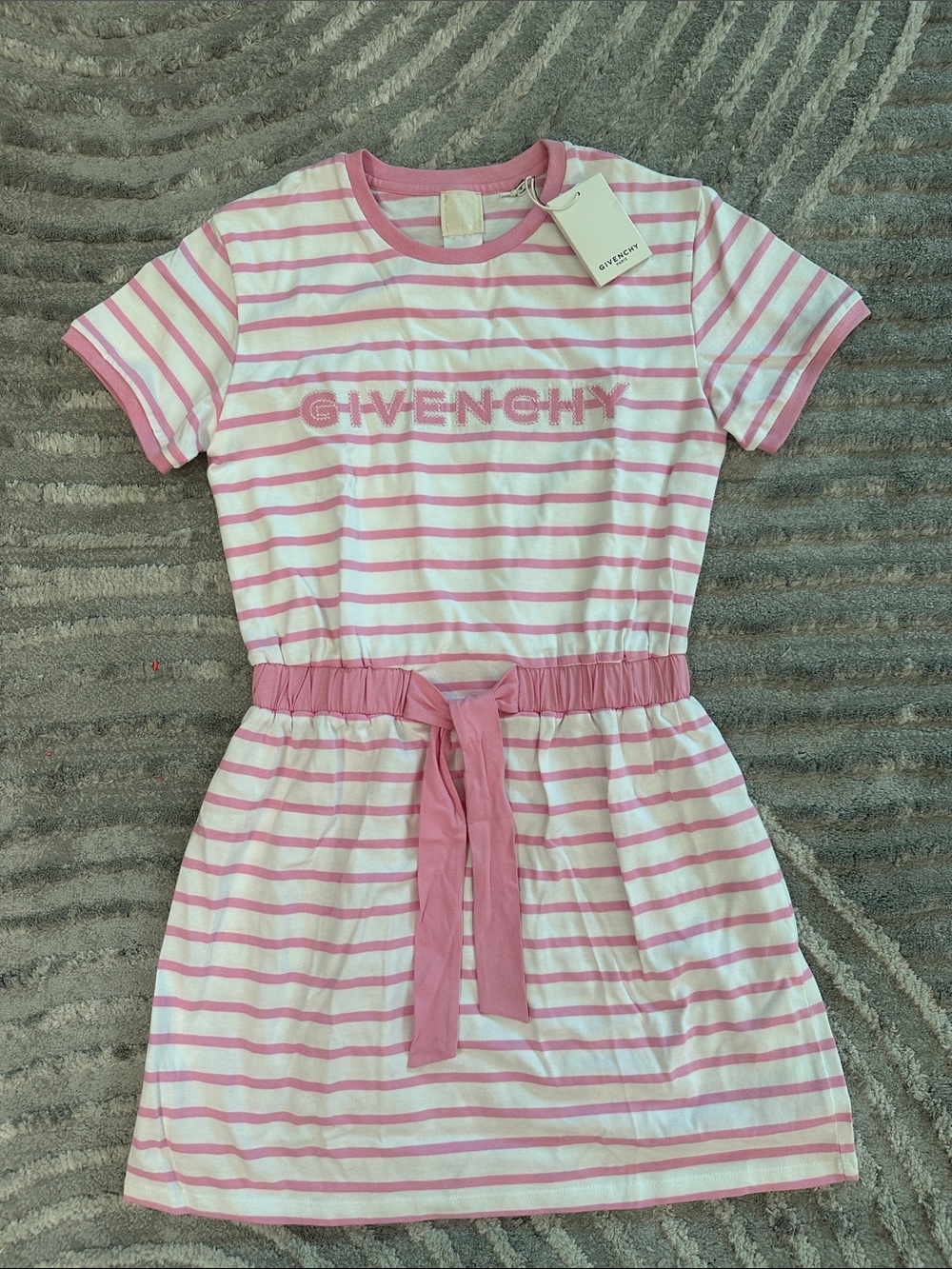 Givenchy Pink & White Striped Logo Tee Dress with Waist Tie